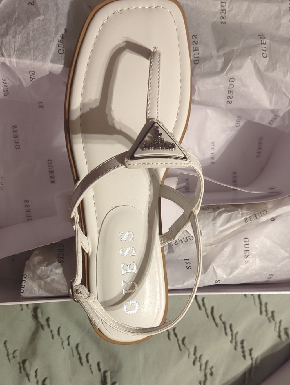 GUESS White T-Strap Logo Triangle Sandals